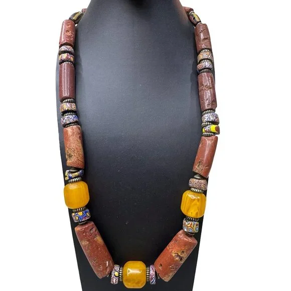 Vintage Ethnic Red Coral & Bakelite Cane Glass Trade Beads Beaded Necklace 27" - Picture 2 of 10